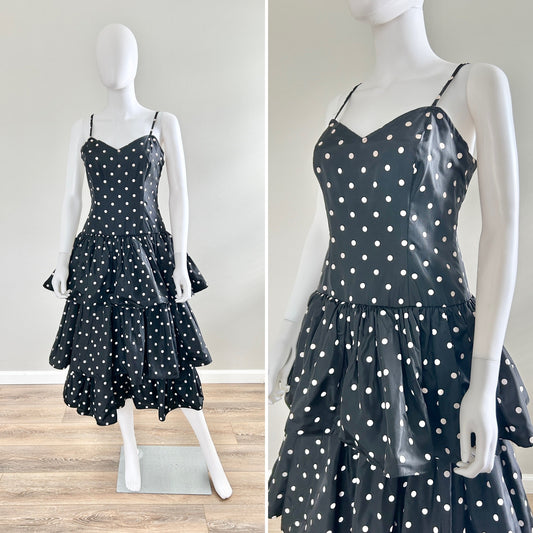 Vintage 1980s Black and White Polka Dot Party Dress / 80s retro taffeta prom dress / Size M