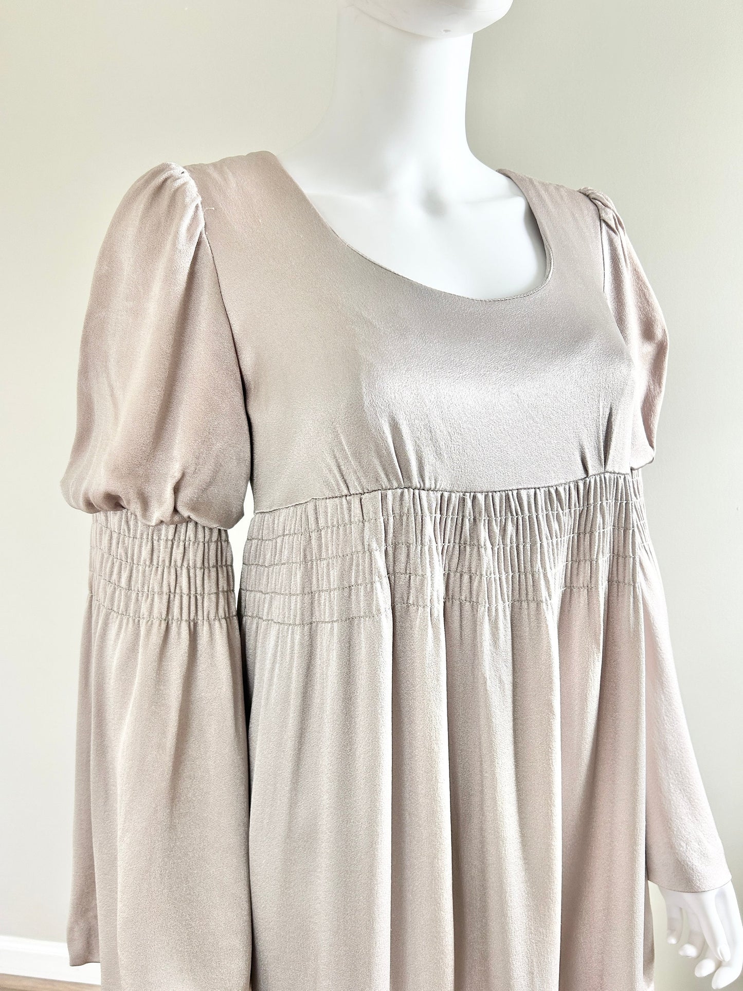 Vintage 1970s Young Edwardian Silver Mini Dress / 70s babydoll dress / Size XS S