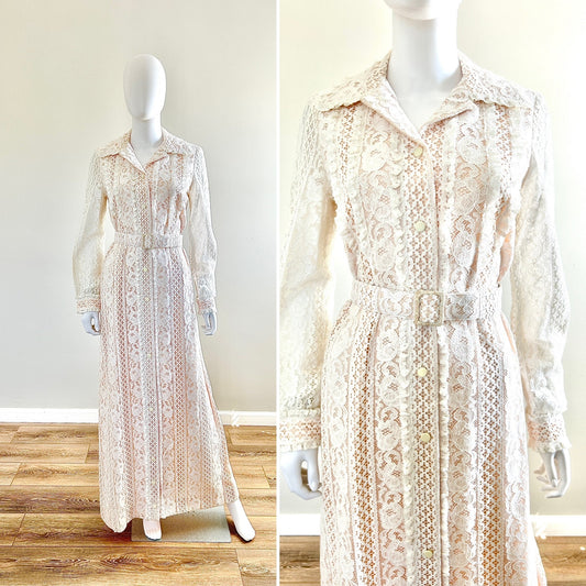 Vintage 1970s White Lace Maxi Dress /70s Retro Party Dress / Size S