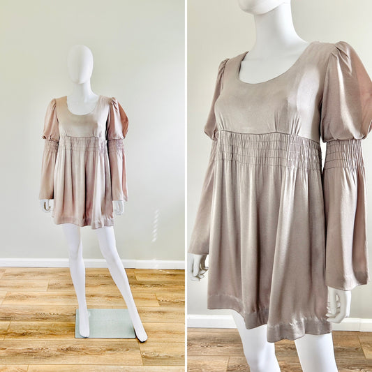 Vintage 1970s Young Edwardian Silver Mini Dress / 70s babydoll dress / Size XS S