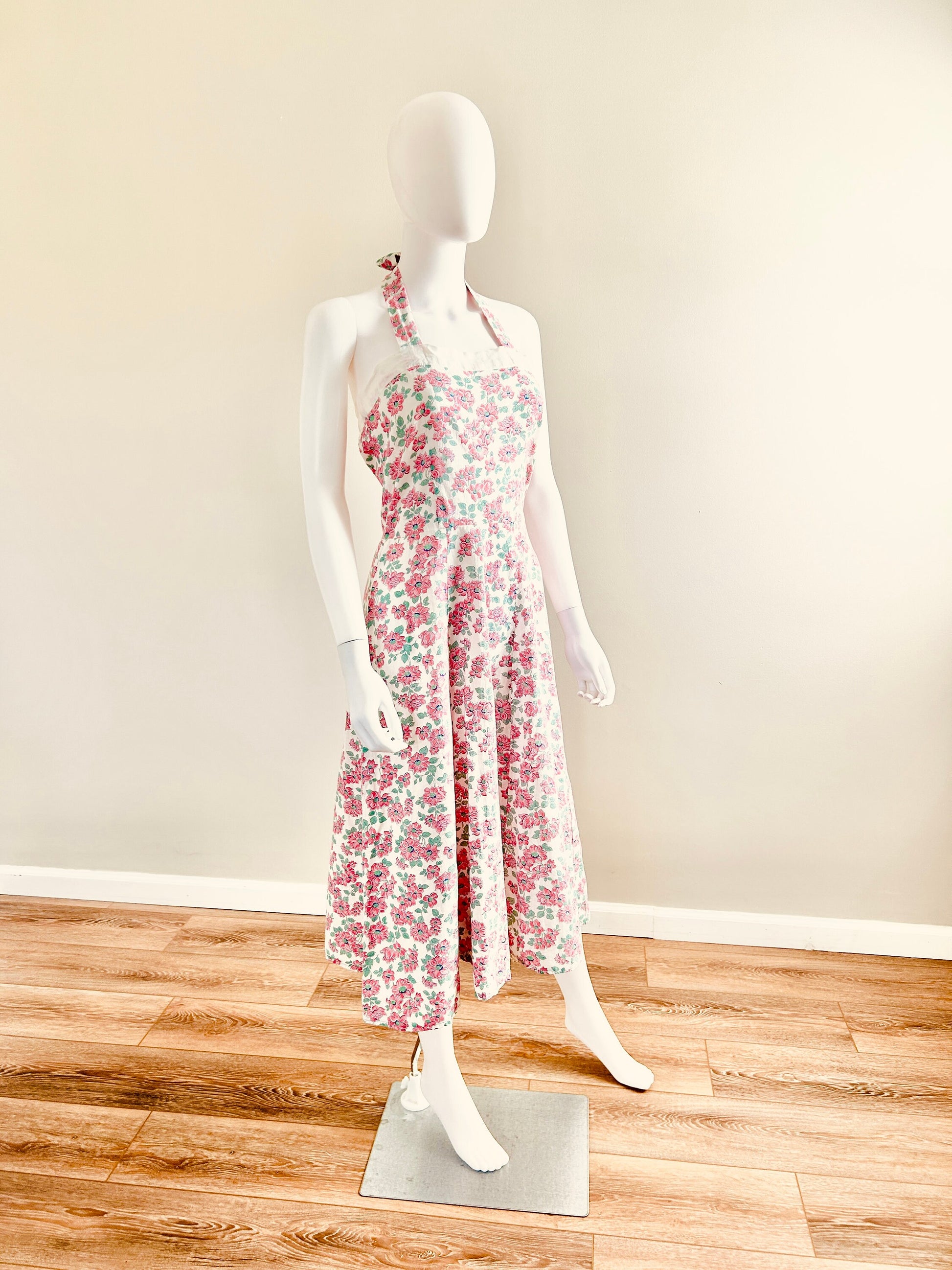 Vintage 1950s Linen Floral Sundress with Caplet / 50s Retro Dress / Size S