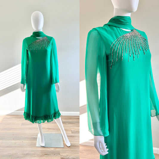 Vintage 1970s Green Chiffon Nat Kaplan Dress / 70s party formal dress / size M
