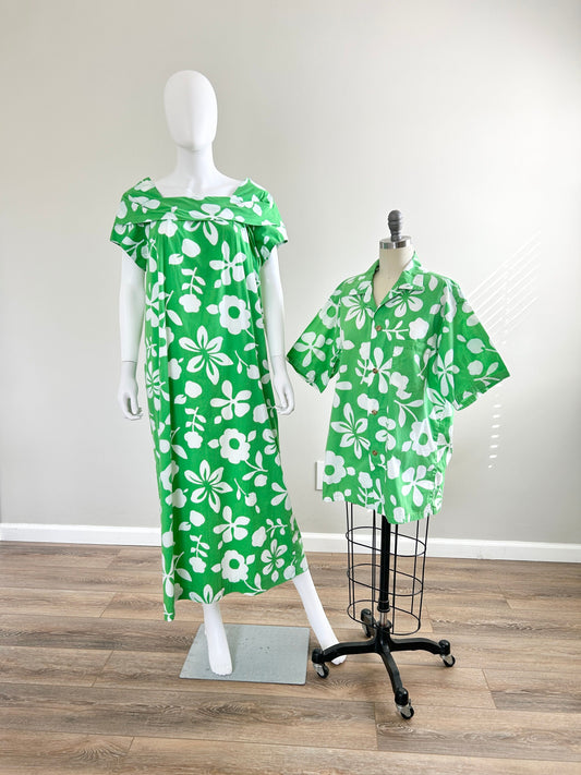 Vintage 1960s Hawaiian Dress and Shirt Matching Set / 60s Couples set / Size L XL