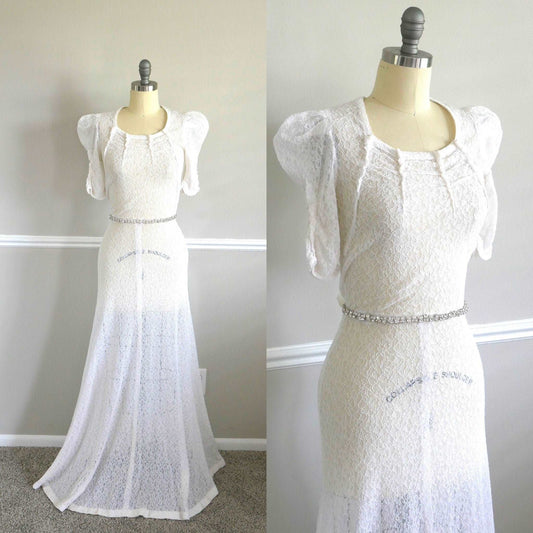 Vintage 1930s Wedding Dress / 30s white bias cut puff sleeve lace gown Size XS