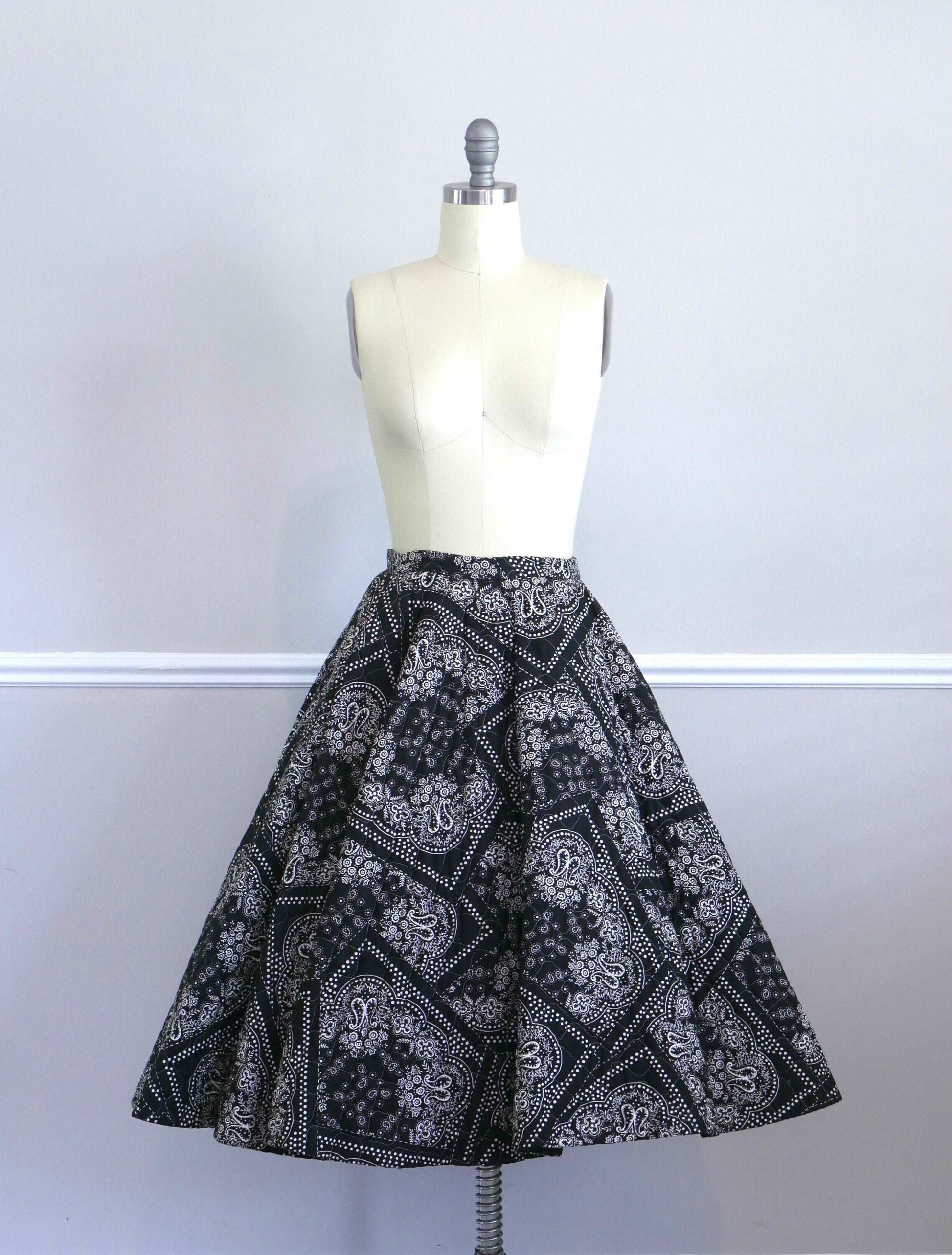 ON SALE Vintage 1950s Hanky Print Quilted Circle Skirt / 50s navy blue fit and flare skirt size s