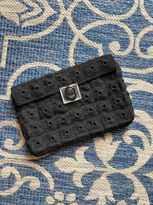 Vintage 1940s Black Macrame Handbag / 40s retro crochet large purse with lucite clasp