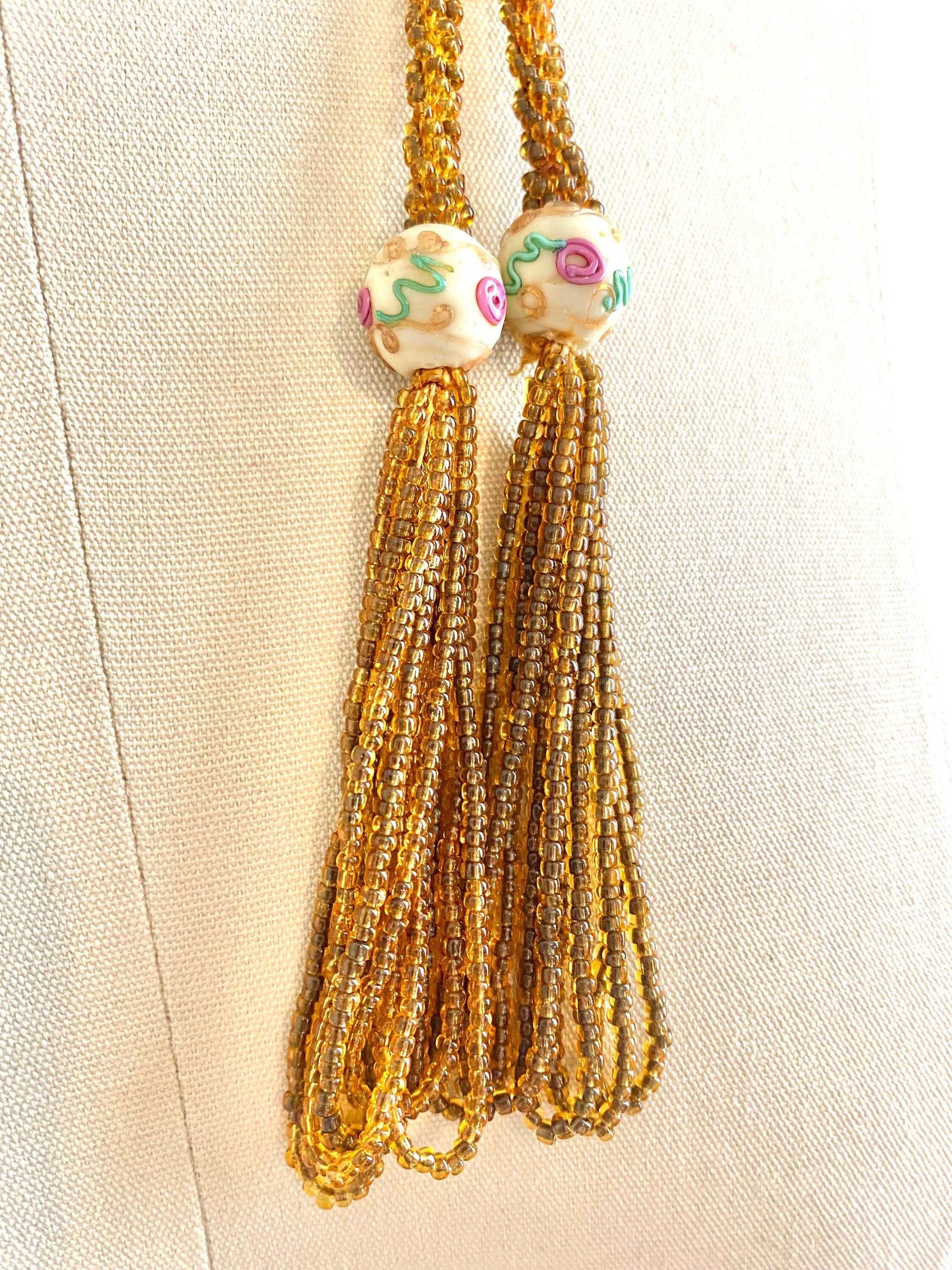 Vintage 1920s Necklace / 20s jewelry lariat cloisonné long tassel necklace