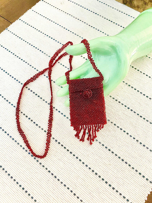 Vintage 1920s Beaded Fringe Necklace / 20s long red coin purse / beaded amulet necklace / beaded necklace bag