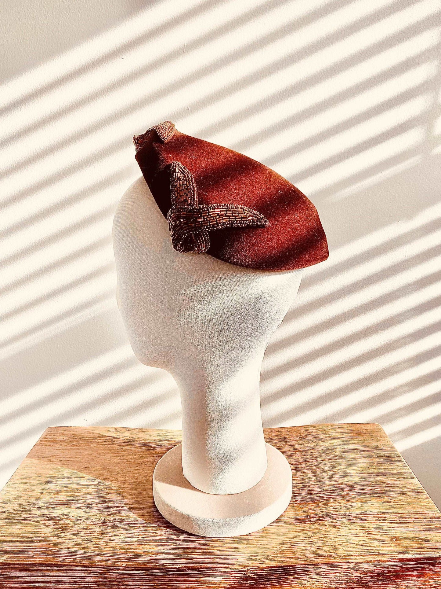 Vintage 1940s Brown Velvet Tricorn Hat / 40s beaded cap / One size