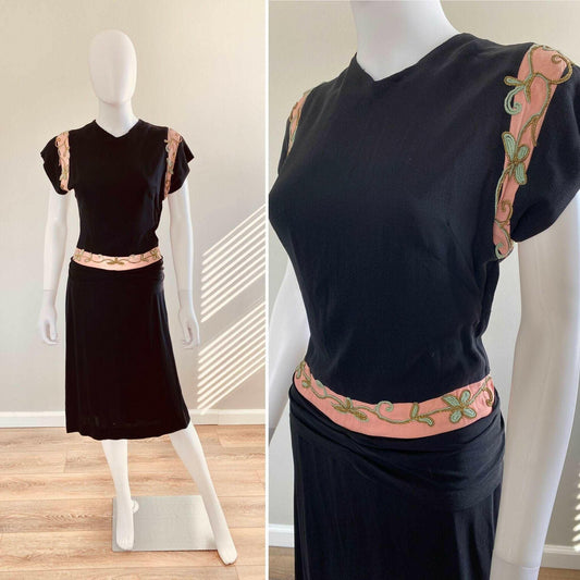 Vintage 1940s Black Rayon Party Dress / 40s retro dress with bows / mid century dress / Size XS S