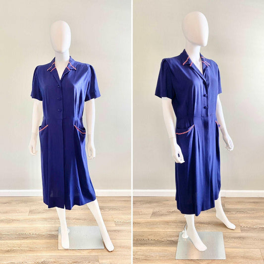 Vintage 1940s Navy Blue Rayon Dress / 40s retro day dress / Size L XL