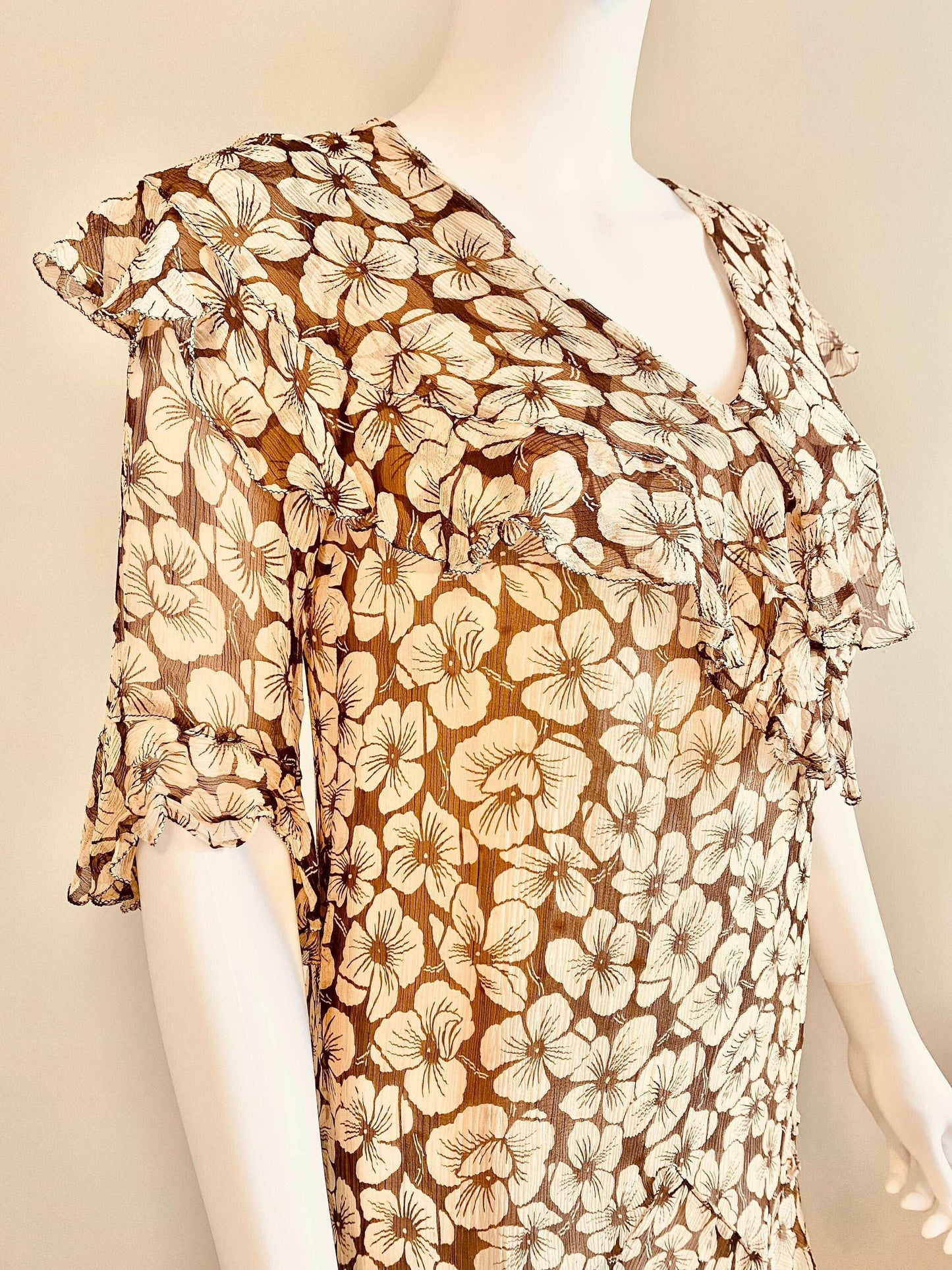 Vintage 1930s Brown Floral Chiffon Dress / 30s Retro Tea Bias Cut Dress / Size S
