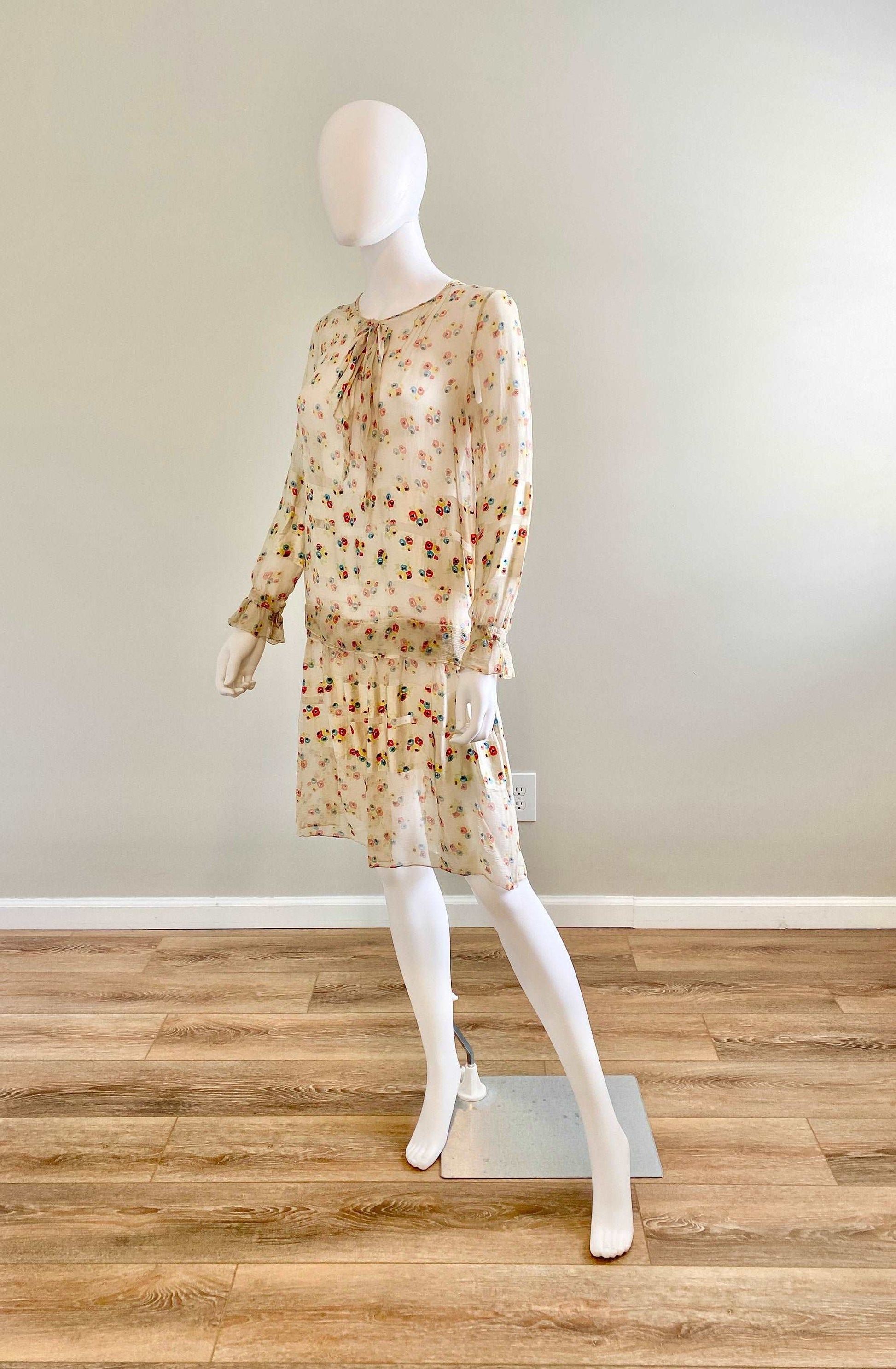 Vintage 1920s Sheer Silk Floral Dress / 20s Day Dress / Size XS