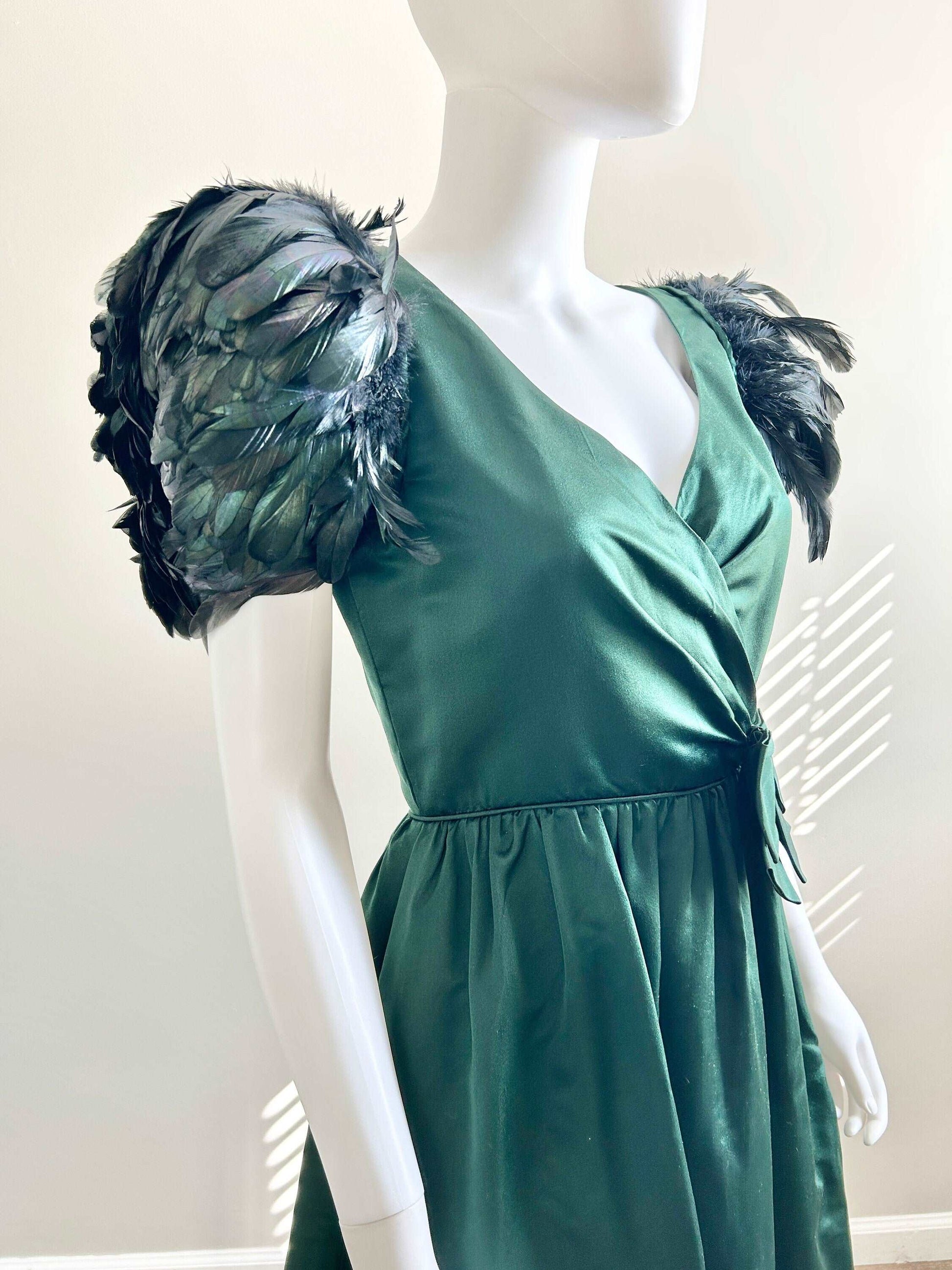 1970s Vintage Couture Green Satin Dress with Feathers / 70s formal dress / 70s Christmas dress / Size S
