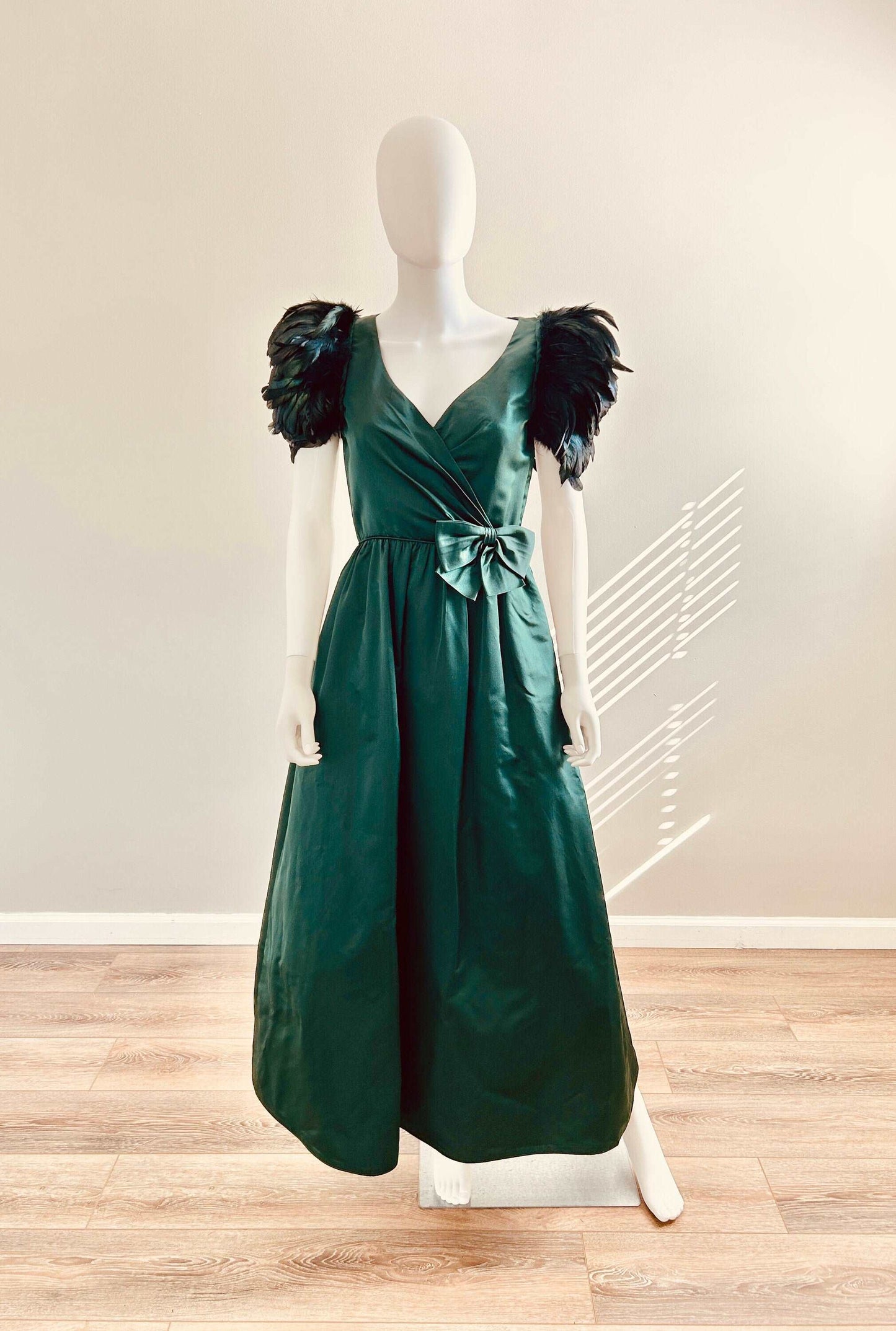 1970s Vintage Couture Green Satin Dress with Feathers / 70s formal dress / 70s Christmas dress / Size S