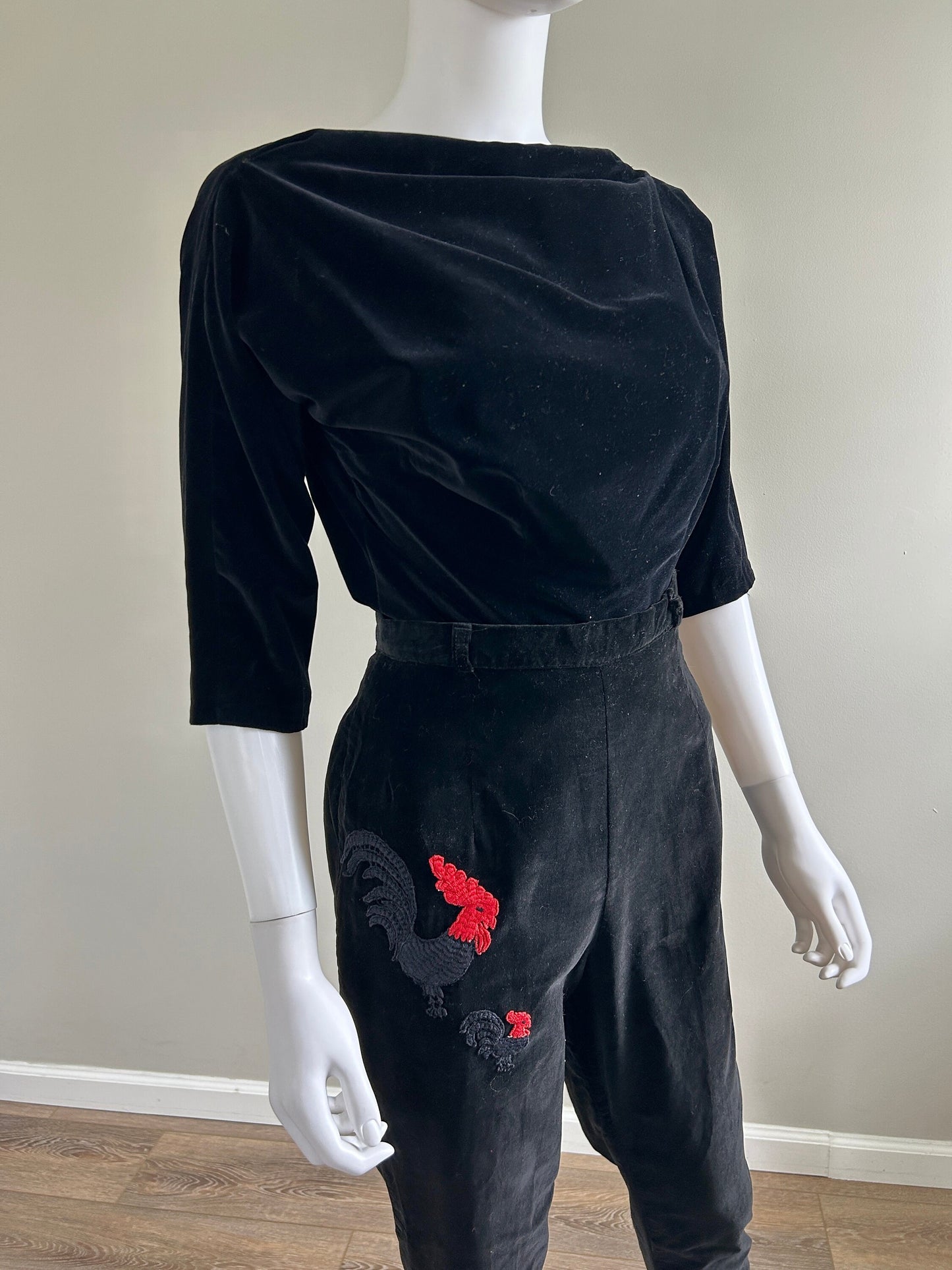 1950s Black Velvet Cigarette Pants and Blouse / 50s Vintage High Waisted Pants and Top / Size XS