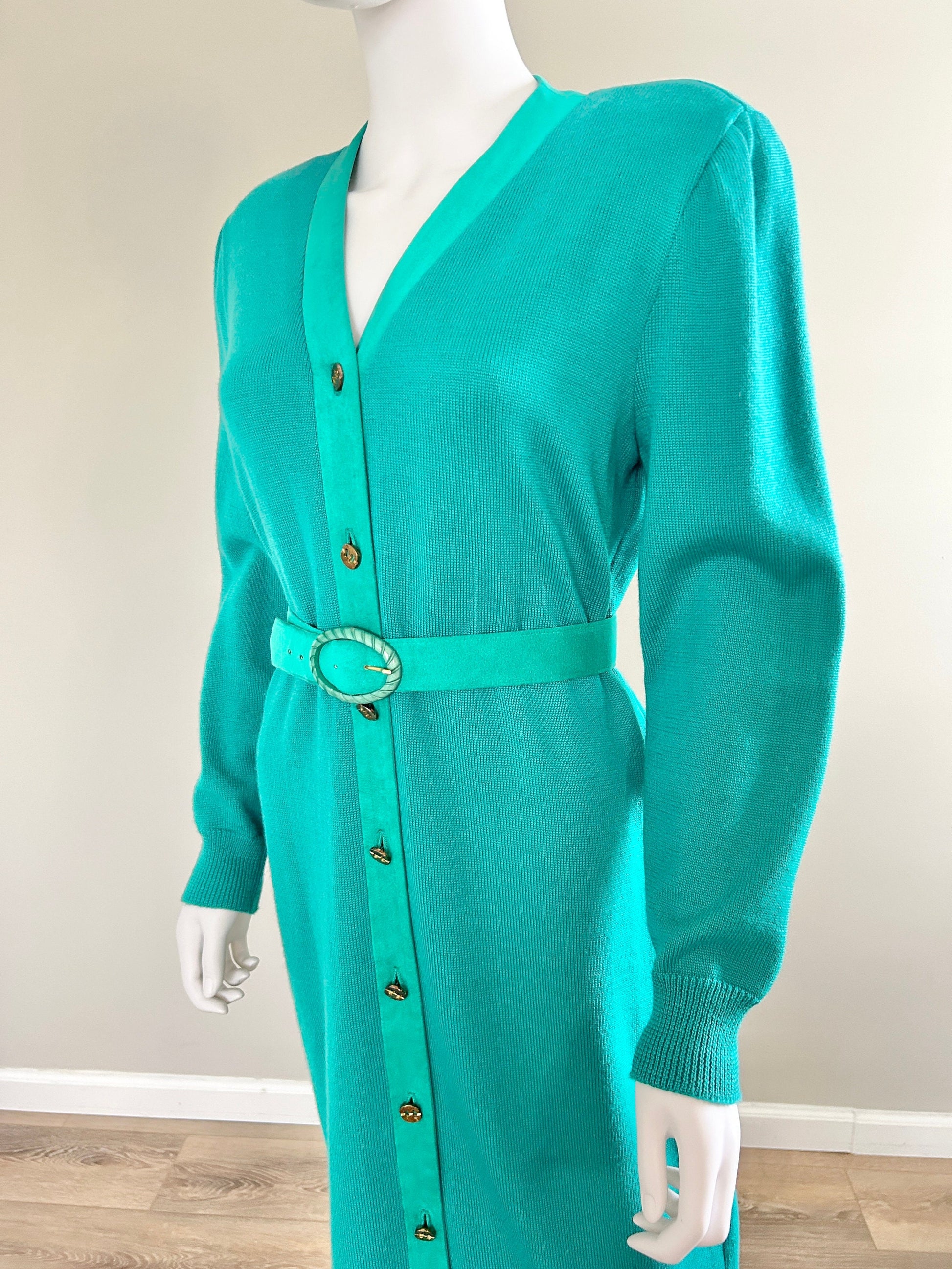 Vintage 1980s Lilli Ann Sweater Dress / 80s Aquamarine Dress / Size S M