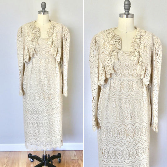 Vintage 1970s Lace Dress and Bolero Set / Boho Gunne Sax Style Victorian revival Size S