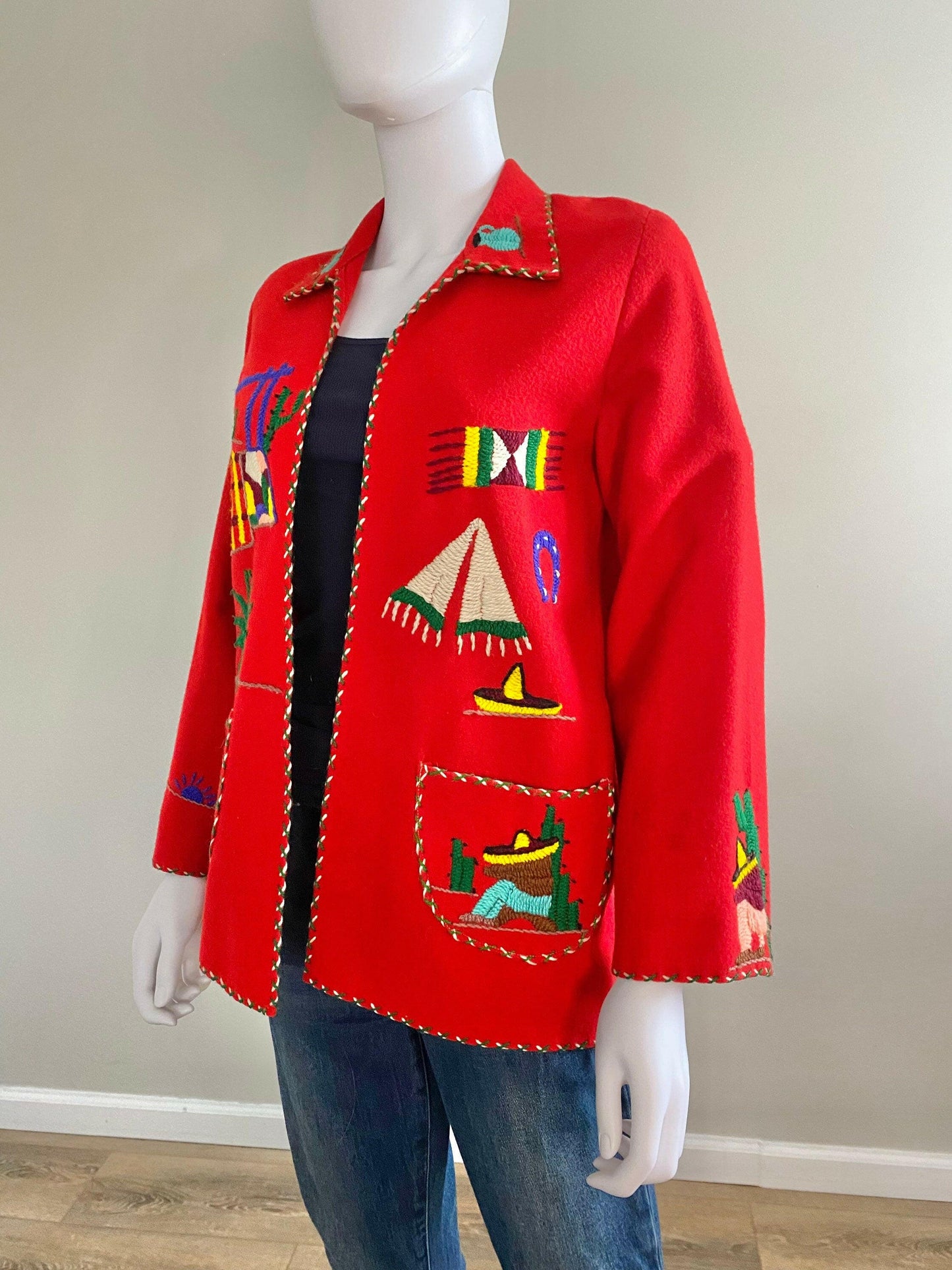 Vintage 1950s Red Mexican Souvenir Jacket / 50s red novelty print coat / 1950s red blazer / Size S
