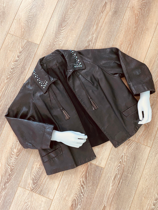 Vintage 1980s Studded Leather Jacket / 80s retro leather coat / size M L