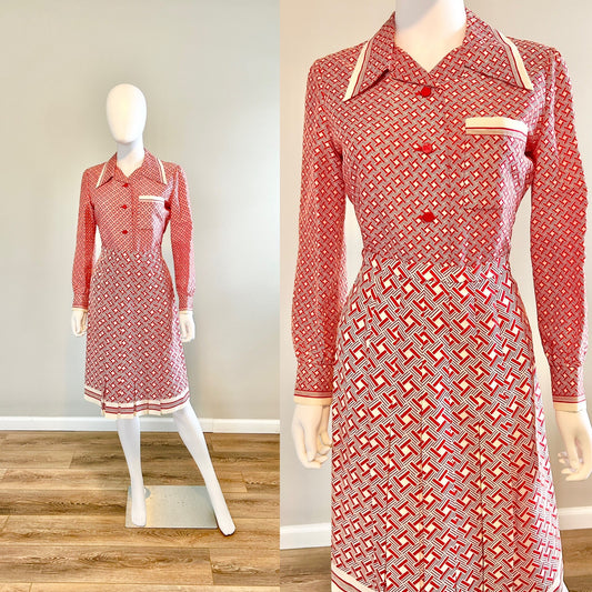 Vintage 1970s Nina Ricci Red Geometric Skirt and Blouse Set / 70s Couture / Size S