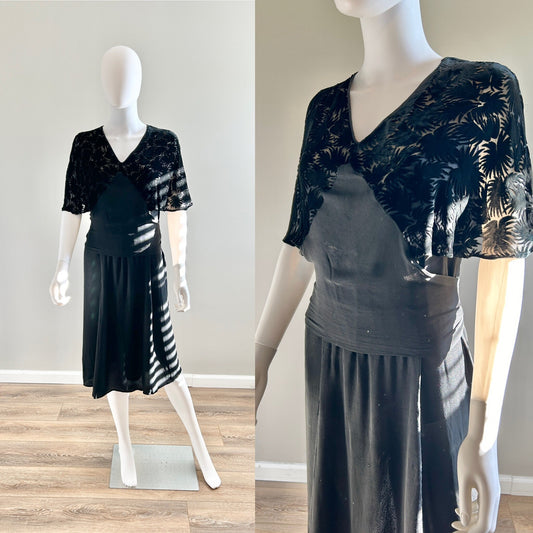Vintage 1930s Black Rayon Dress with Velvet Caplet / 30s Party Dress / Size L