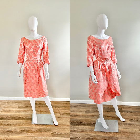 Vintage 1960s Coral Satin Rose Brocade Wiggle Dress with Overskirt / 60s Retro Party Dress / Size XS S