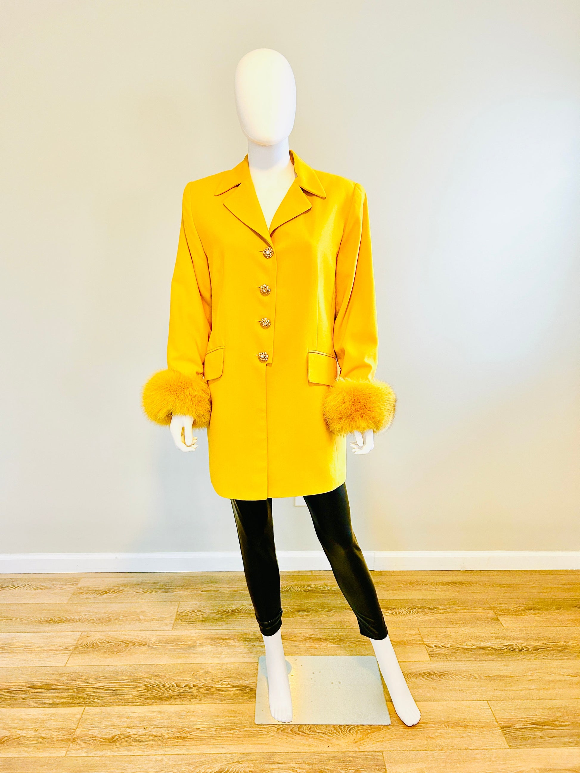 Vintage 1990s Yellow Blazer with Fur Cuffs / Vtg 90s Plus Size Blazer / Size XL