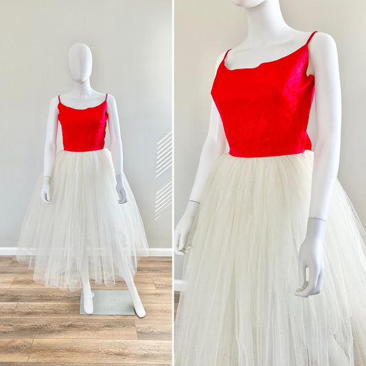 Vintage 1960s Tulle Formal Dress / 60s Read and White Cupcake Dress / Size XS