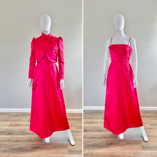 Vintage 1980s Hot Pink Satin Formal Dress / 80s Party Dress / size S